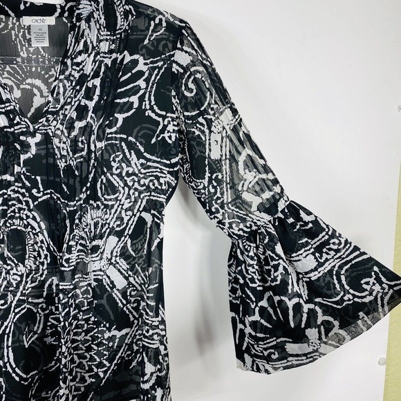 Cache Size XS Abstract Print Bell Sleeve Sheer Blouse Top Black White - Picture 3 of 5